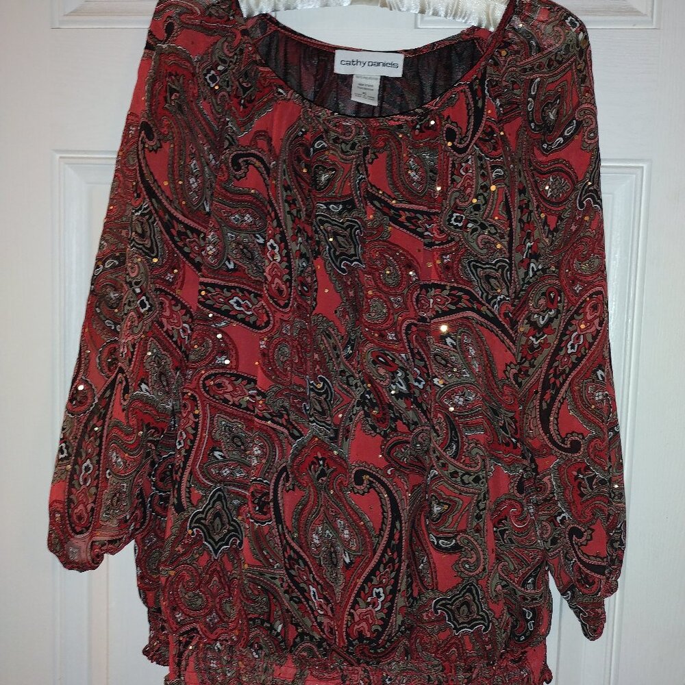 CATHTY DANIELS WOMENS FESTIVE SHEER DRESSY TOP